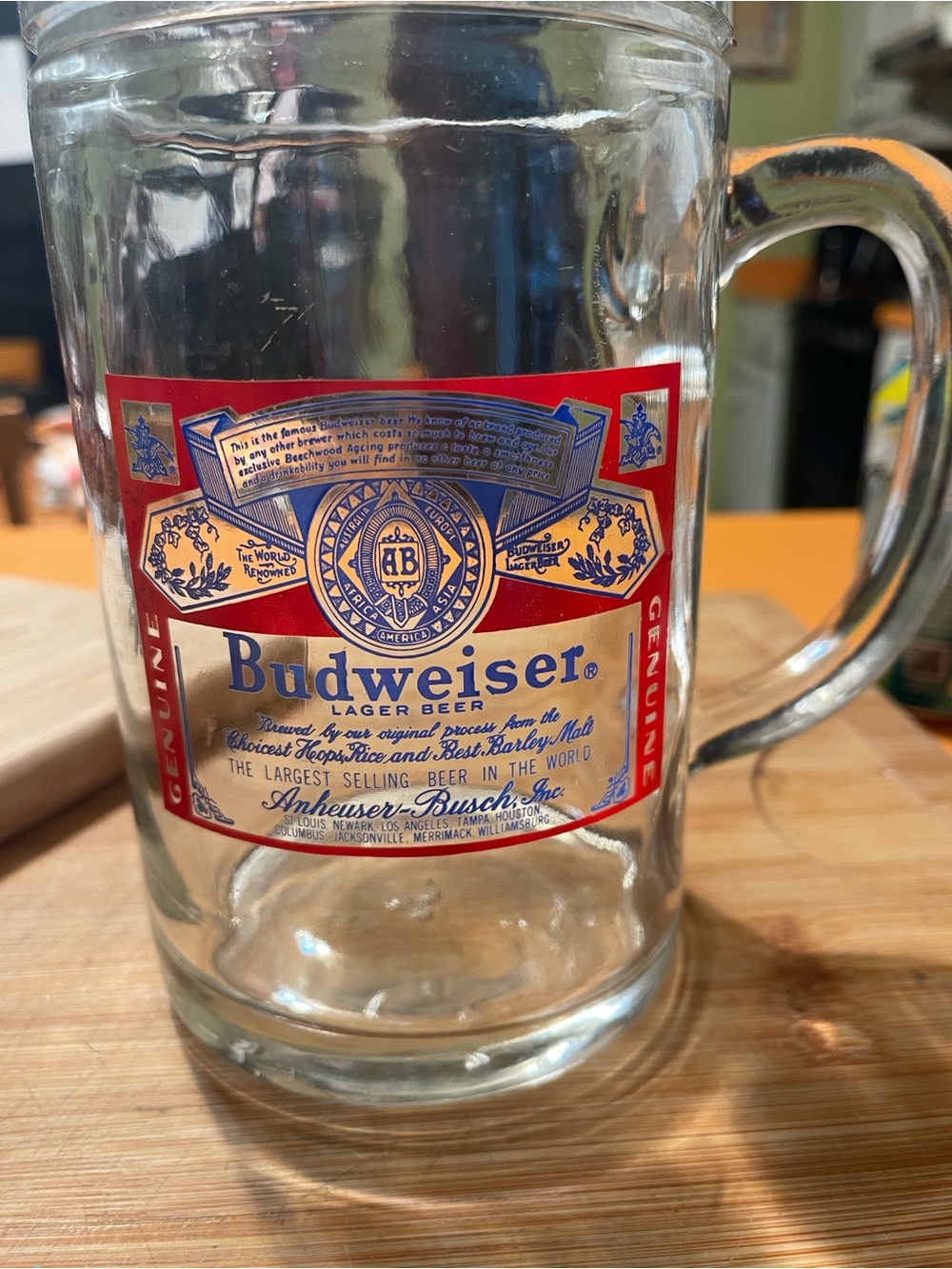 Budweiser Clear Glass Beer Stein with Red and Gold Label
